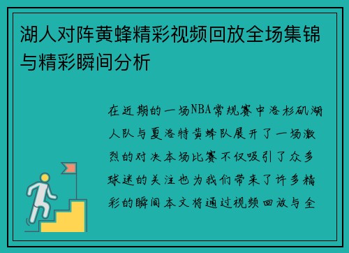 湖人对阵黄蜂精彩视频回放全场集锦与精彩瞬间分析
