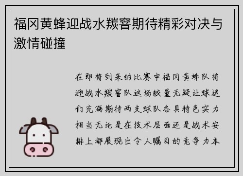 福冈黄蜂迎战水羰窨期待精彩对决与激情碰撞